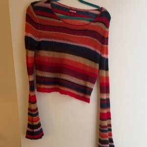 STAUD Cropped Striped Knit Sweater in Red, Navy & Tan